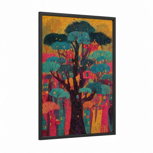 Whimsical Banyan Tree framed art print — black wood frame — gold and teal palette