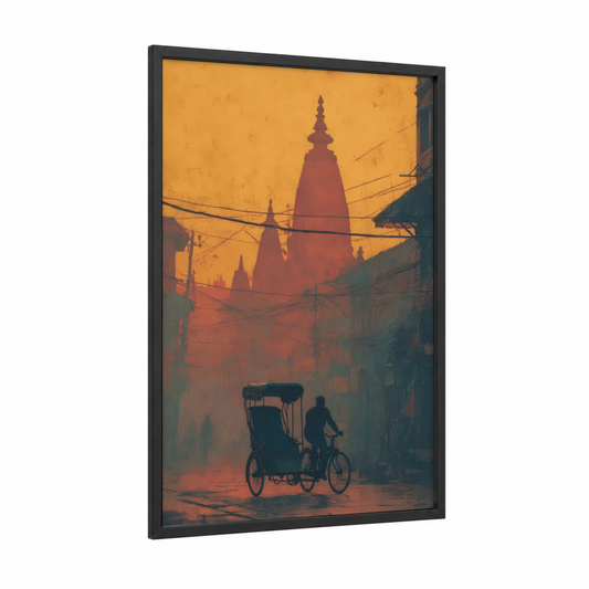 Golden Rickshaw Street framed art print — black wood frame — yellow gold and russet palette