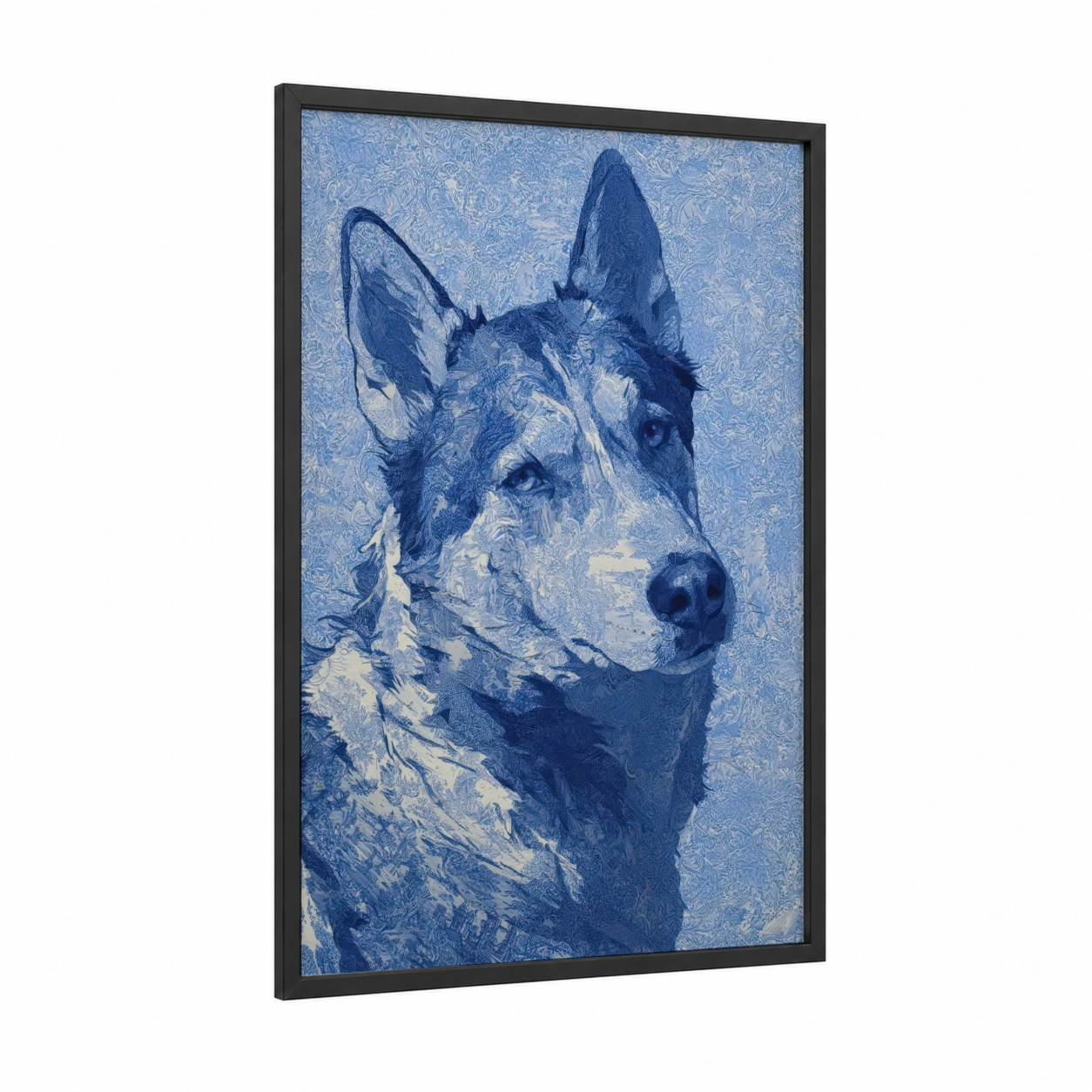 Arctic Husky Portrait framed art print — black wood frame — blue and white palette