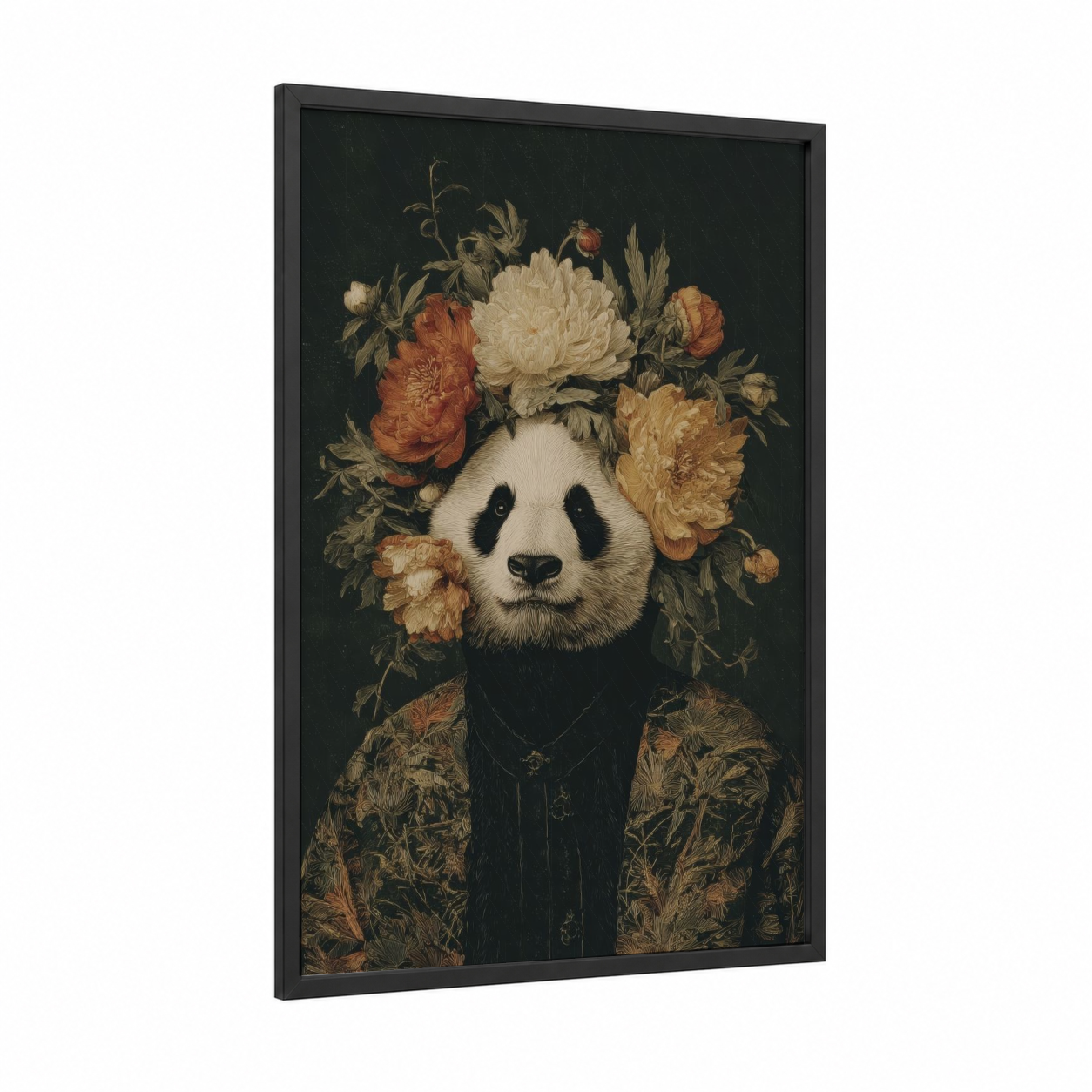 Floral Panda Portrait framed art print — black wood frame — cream and black and gold palette