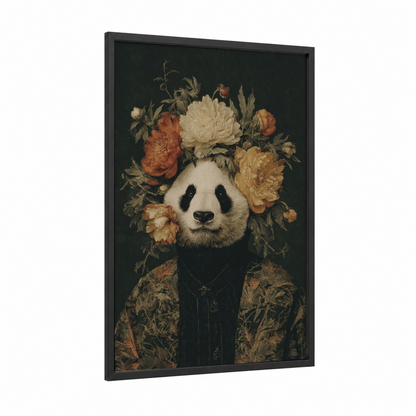 Floral Panda Portrait framed art print — black wood frame — cream and black and gold palette