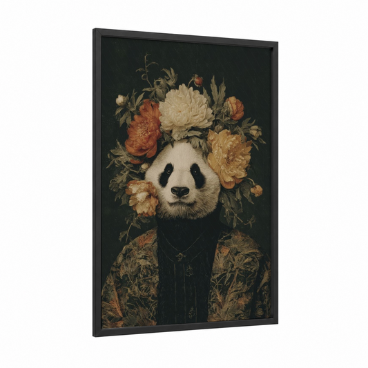 Floral Panda Portrait framed art print — black wood frame — cream and black and gold palette