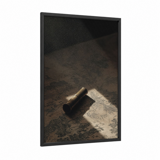 Vintage Spyglass framed art print — black wood frame — gold and black and white palette