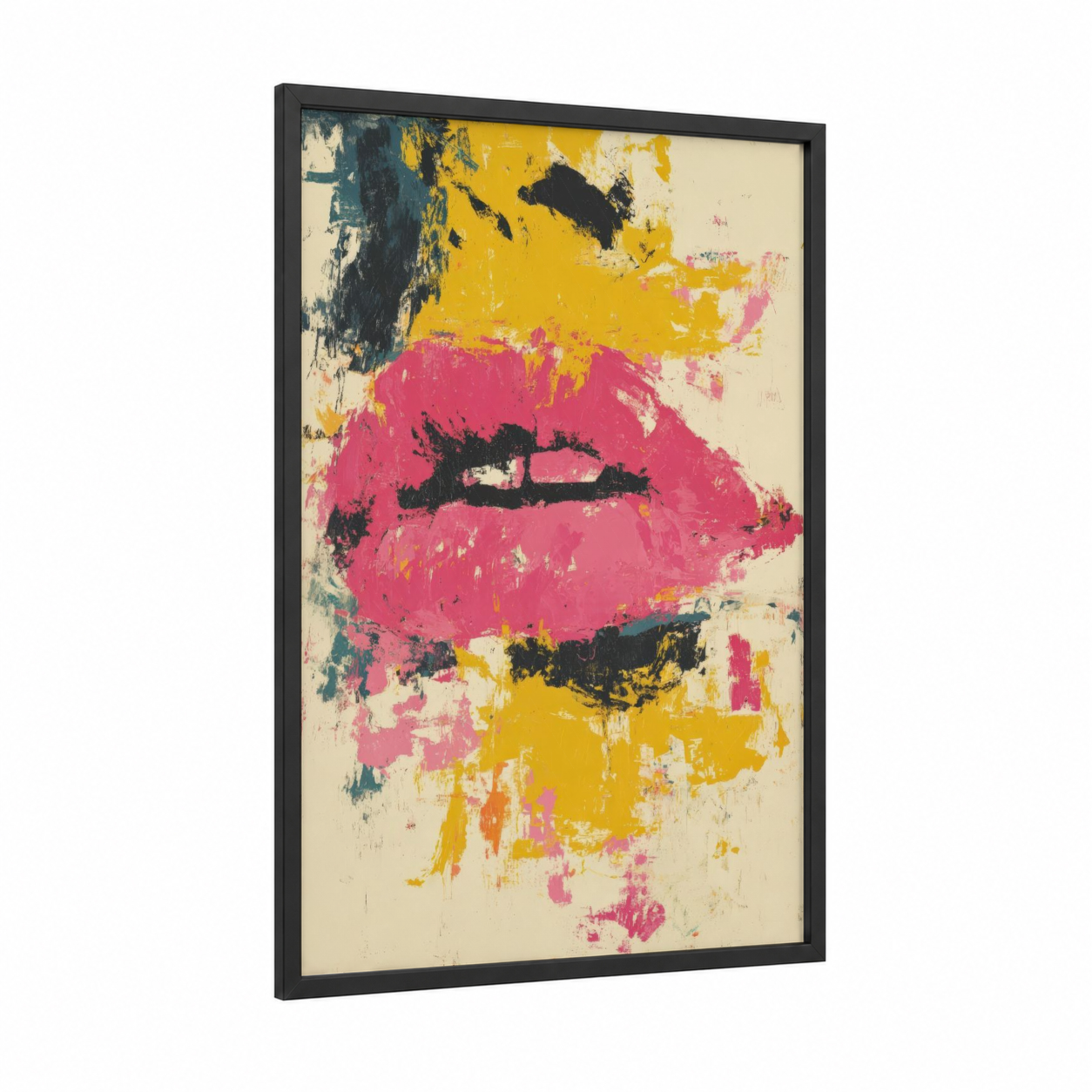 Bold Lips Pop framed art print — black wood frame — magenta and yellow gold palette