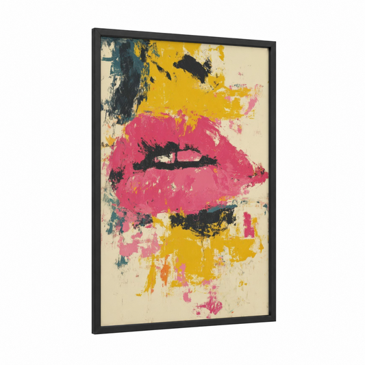 Bold Lips Pop framed art print — black wood frame — magenta and yellow gold palette