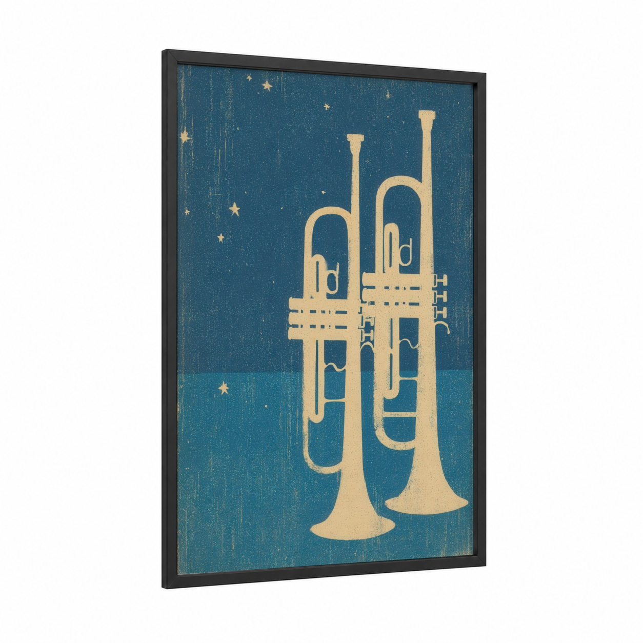 Golden Trumpets framed art print — black wood frame — dark blue and gold palette