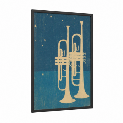 Golden Trumpets framed art print — black wood frame — dark blue and gold palette