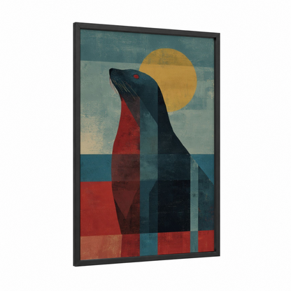 Golden Sea Lion framed art print — black wood frame — gold palette