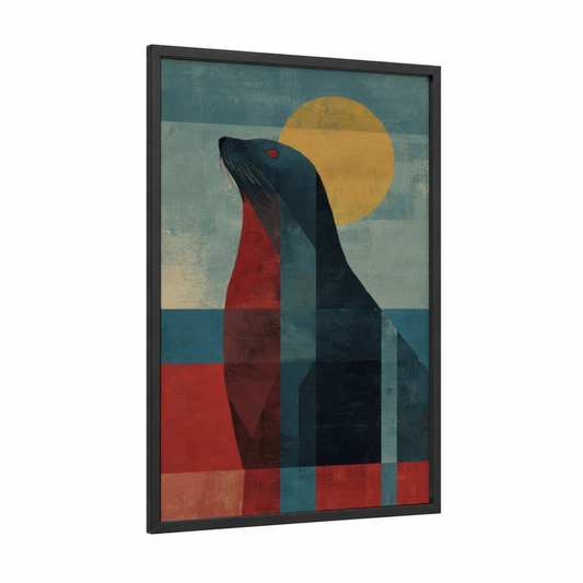 Golden Sea Lion framed art print — black wood frame — gold palette