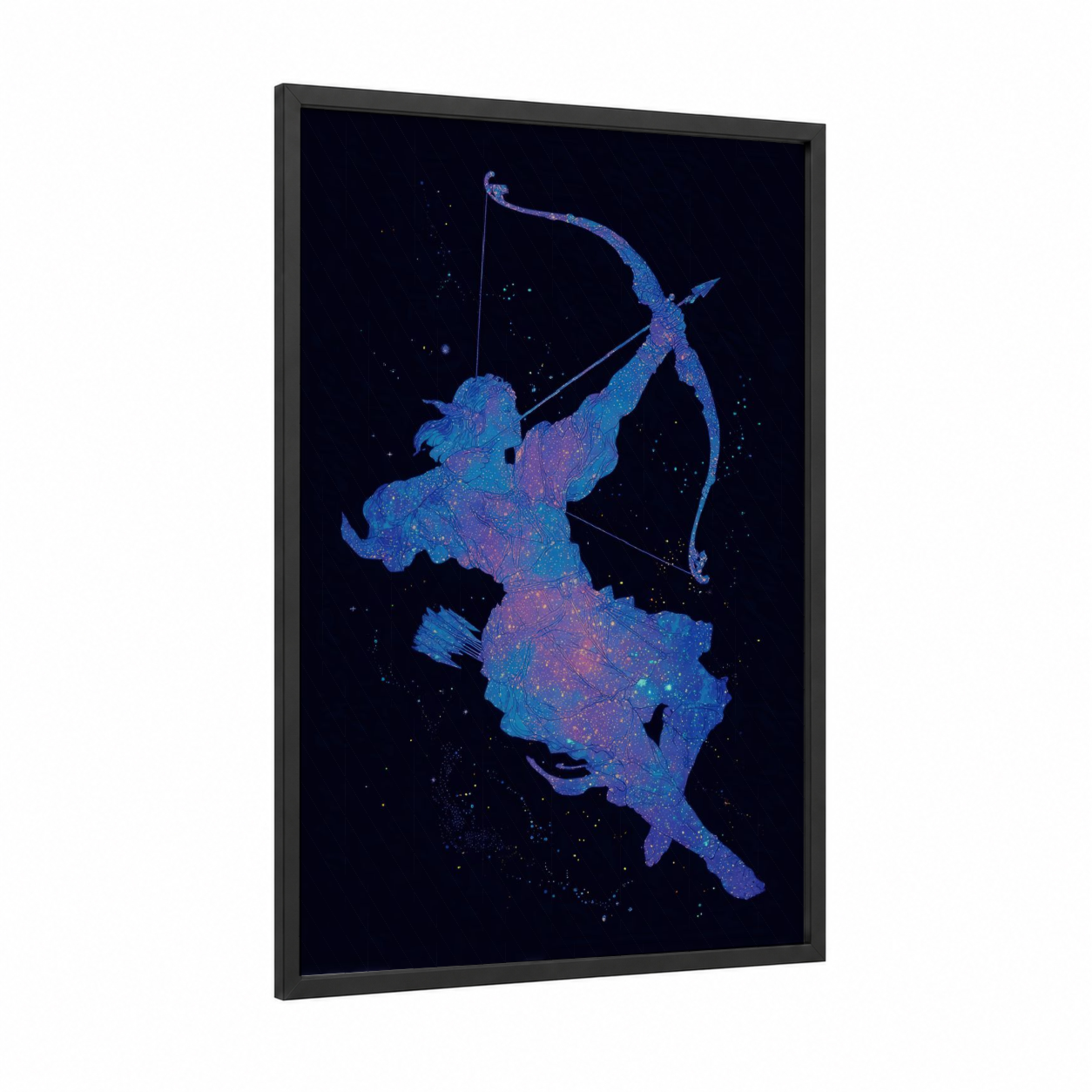 Cosmic Archer framed space print — black wood frame — blue and magenta palette