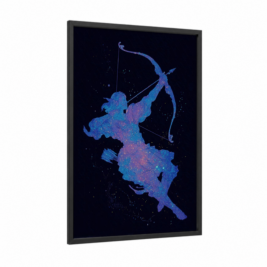 Cosmic Archer framed space print — black wood frame — blue and magenta palette