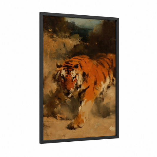 Prowling Tiger framed art print — black wood frame — orange and brown palette