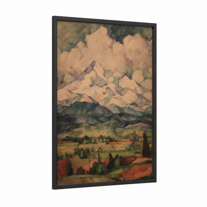 Alpine Majesty framed snowy mountains print — black wood frame — cream and olive palette