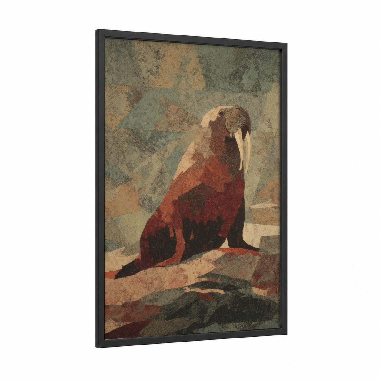 Arctic Walrus framed art print — black wood frame — russet and sage green palette