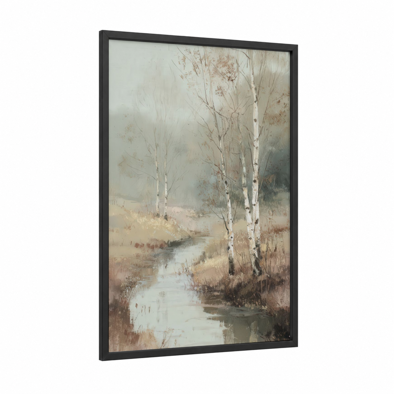 Misty Birch Stream framed birch tree print — black wood frame — cream and dove gray palette