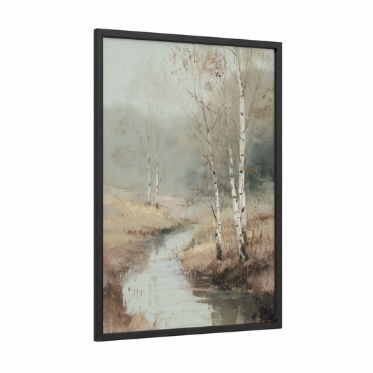 Misty Birch Stream framed birch tree print — black wood frame — cream and dove gray palette