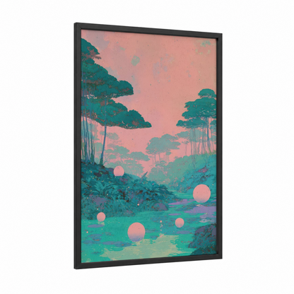 Alien Landscape framed extraterrestrial print — black wood frame — pink and teal palette