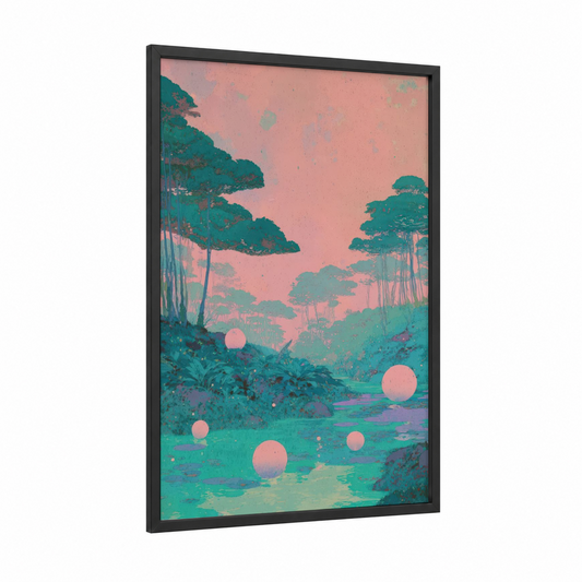 Alien Landscape framed extraterrestrial print — black wood frame — pink and teal palette