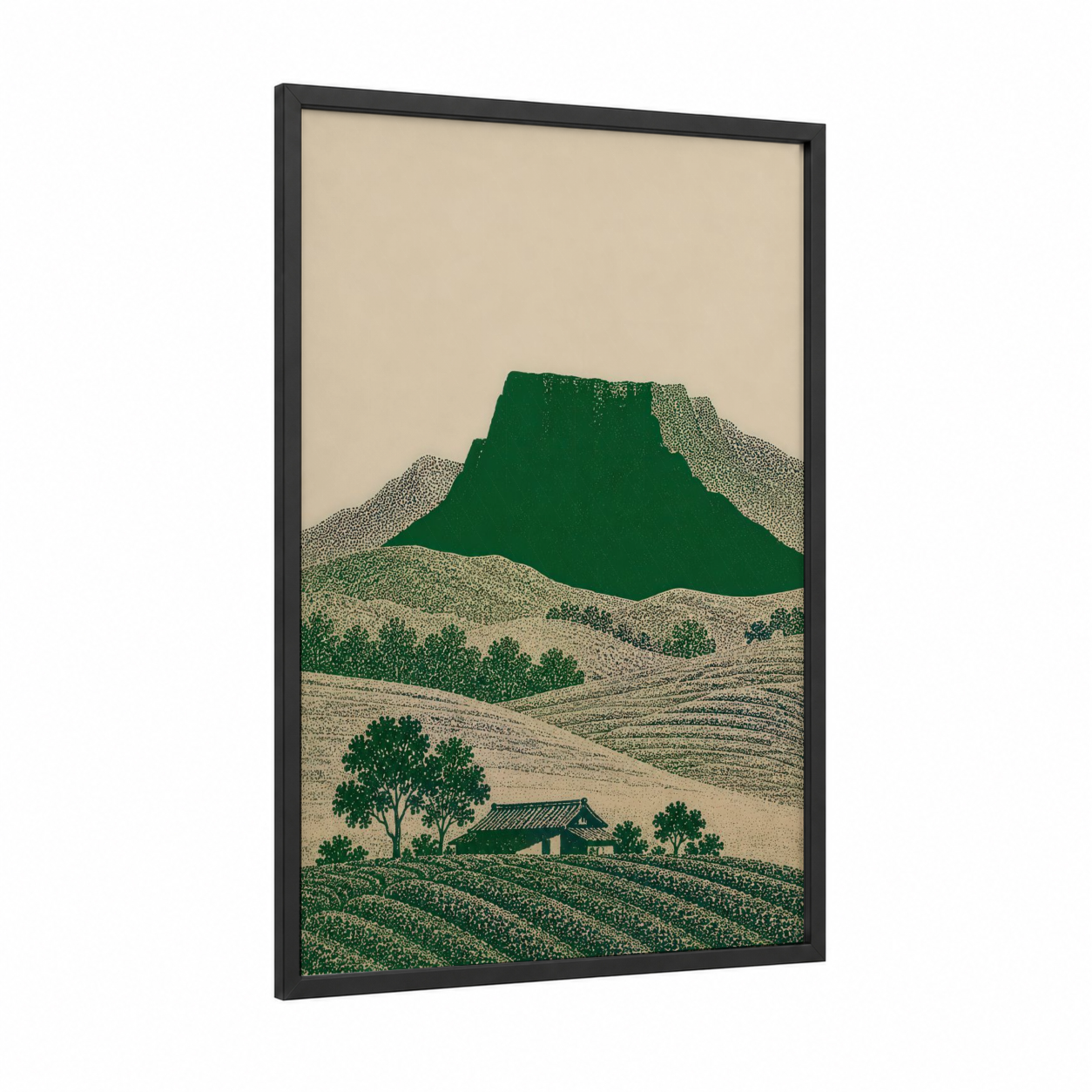 Mountain Farm Landscape Wall Art framed art print — black wood frame — true green and beige palette