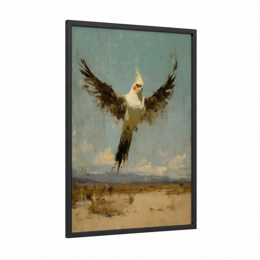 Desert Cockatiel framed art print — black wood frame — sage green and gold palette