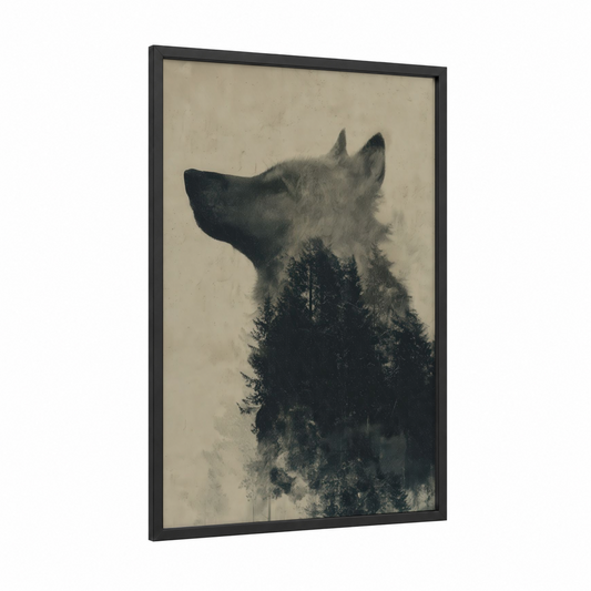 Forest Wolf framed art print — black wood frame — black and white and gray palette