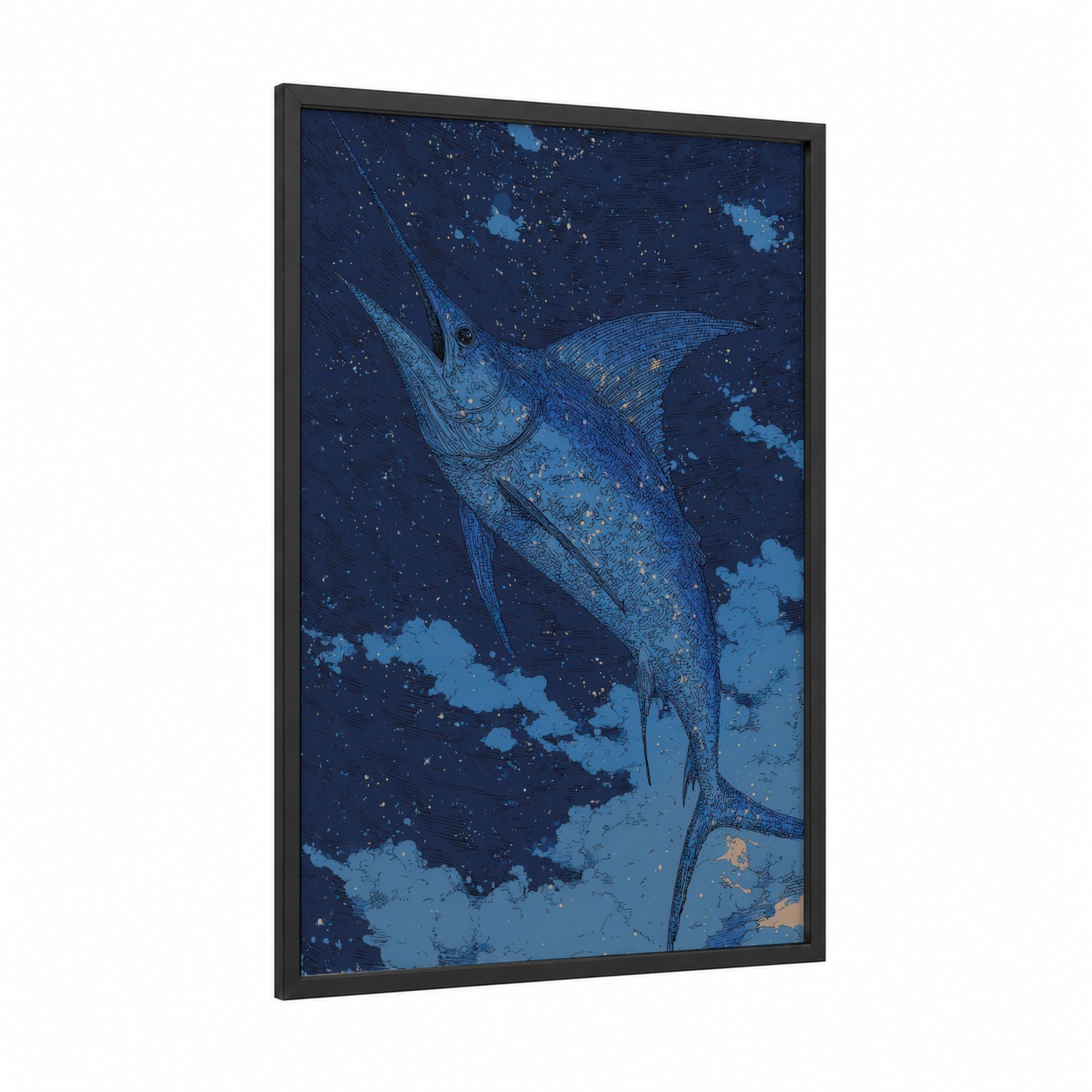 Celestial Marlin framed blue marlin print — black wood frame — blue and gold palette