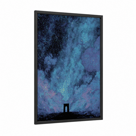 Cosmic Gateway framed art print — black wood frame — dark blue and turquoise palette
