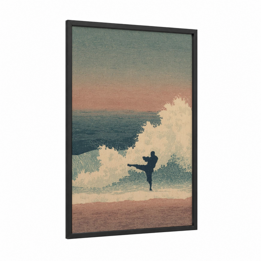 Coastal Kick Boxer framed kick boxing print — black wood frame — sage green and salmon pink palette