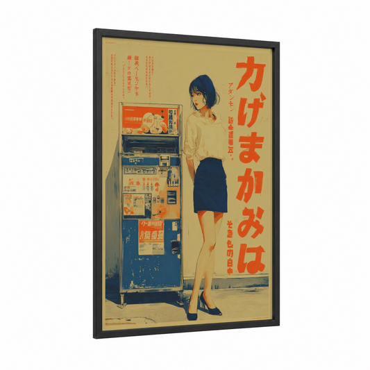 Vintage Vending Girl framed vintage japanese ads print — black wood frame — gold and blue palette