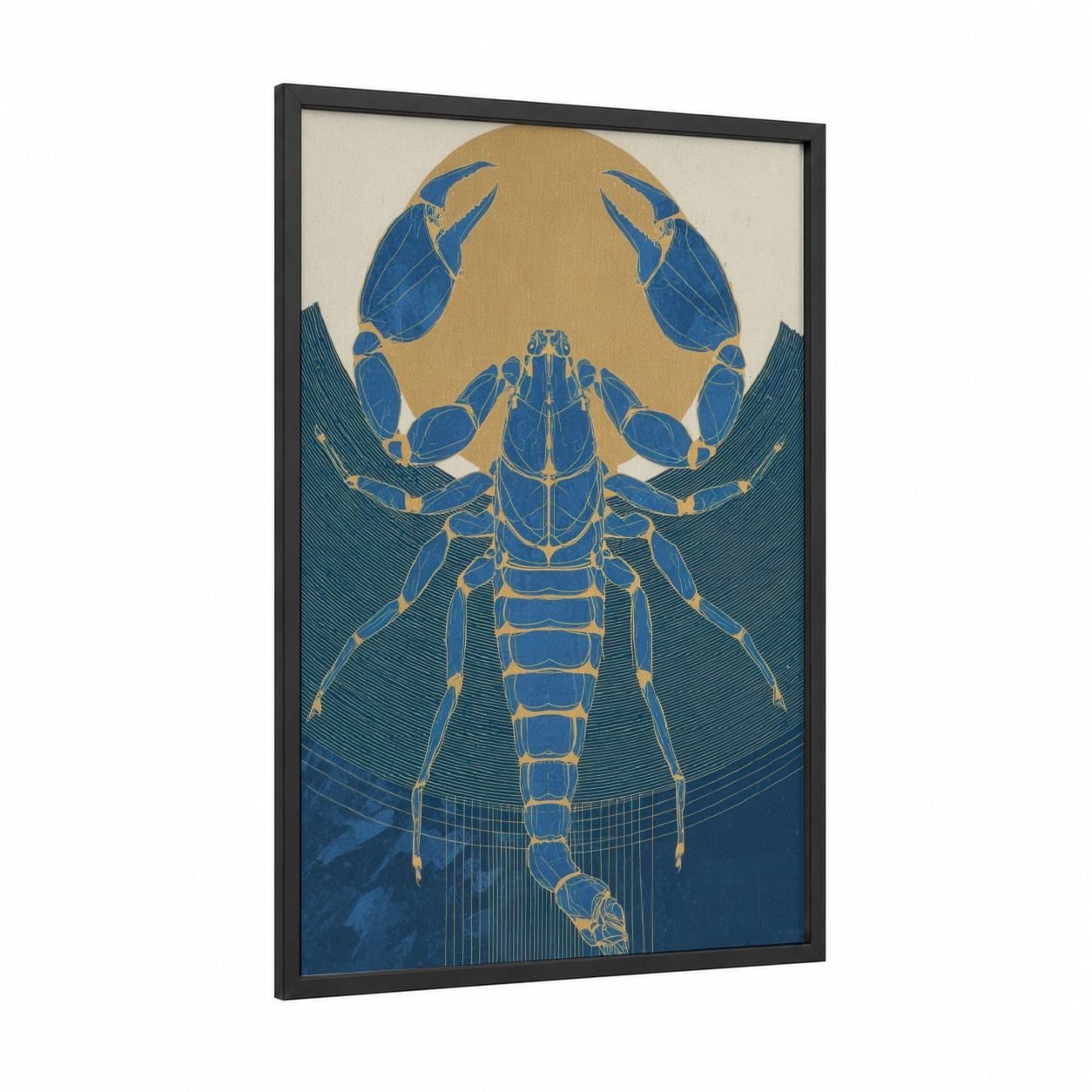 Celestial Scorpio framed art print — black wood frame — blue and gold palette