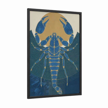 Celestial Scorpio framed art print — black wood frame — blue and gold palette