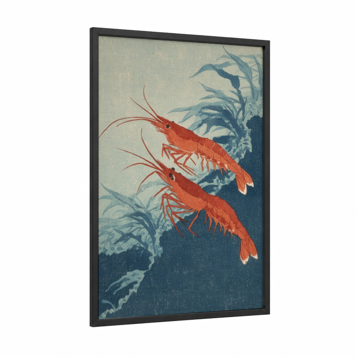 Vermillion Shrimp Pair framed art print — black wood frame — red and teal palette