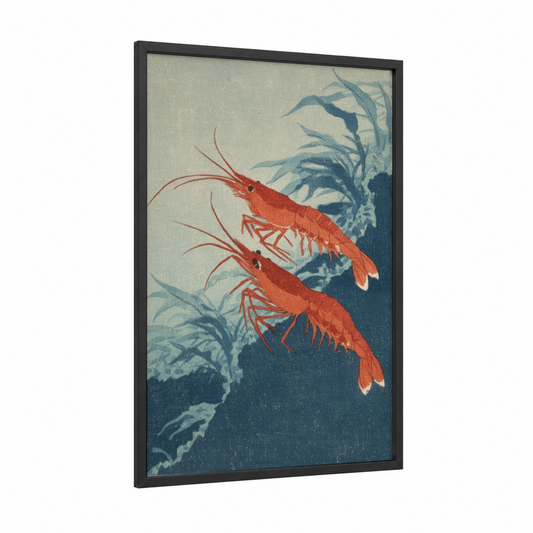 Vermillion Shrimp Pair framed art print — black wood frame — red and teal palette
