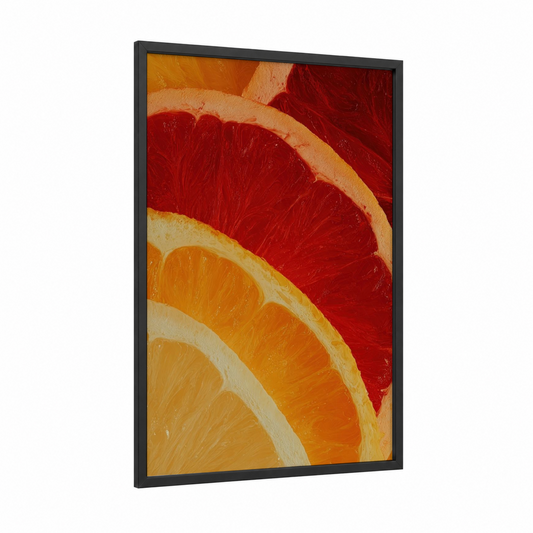 Citrus Breakfast Slices framed art print — black wood frame — red and gold palette