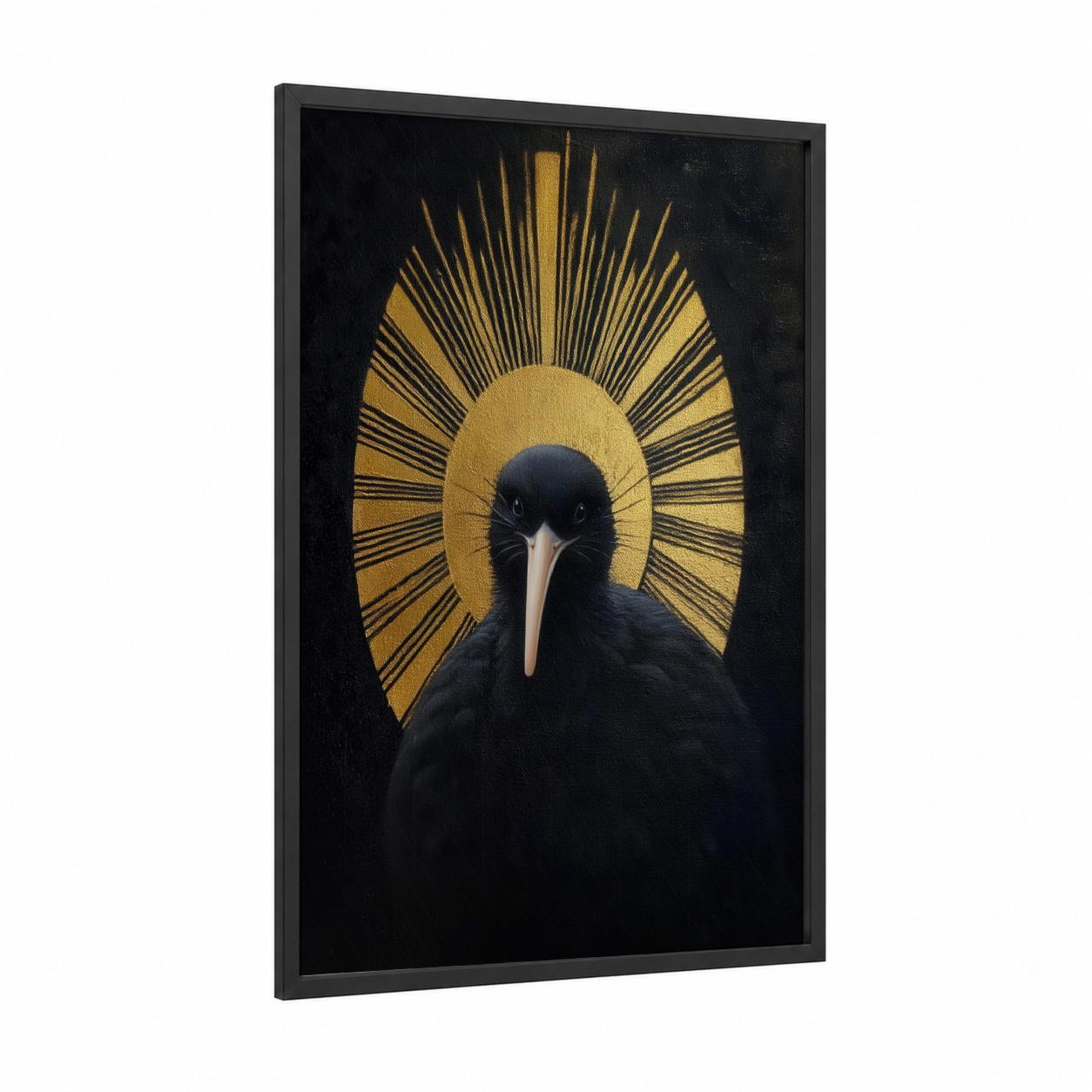 Sacred Kiwi framed art print — black wood frame — black and gold and gold palette