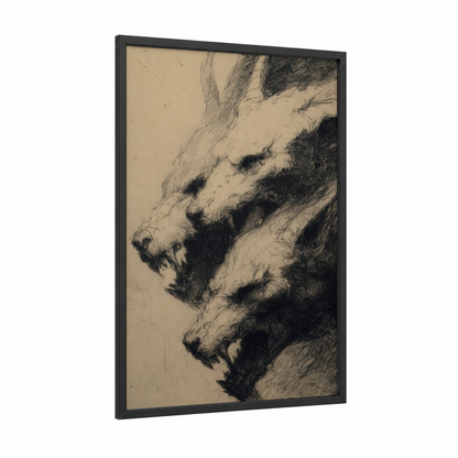 Mythic Cerberus framed art print — black wood frame — black and white and cream palette
