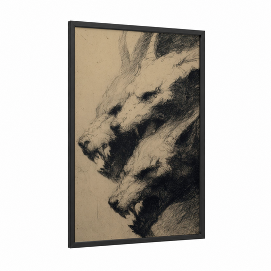 Mythic Cerberus framed art print — black wood frame — black and white and cream palette