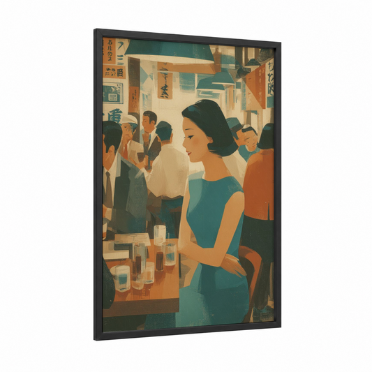 Elegant Gathering framed vintage japanese ads print — black wood frame — teal and orange palette