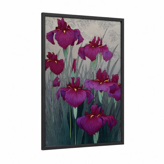 Burgundy Iris Garden framed amarillys print — black wood frame — magenta and sage green palette