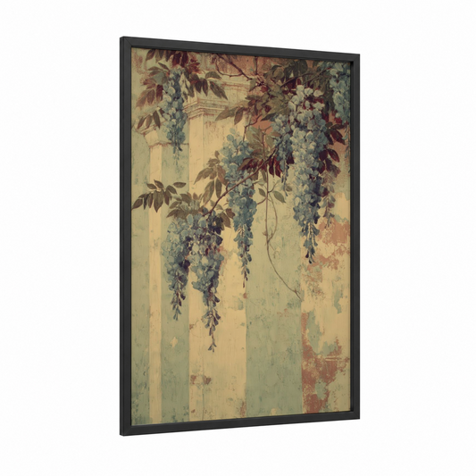 Cascading Wisteria framed art print — black wood frame — sage green and cream palette