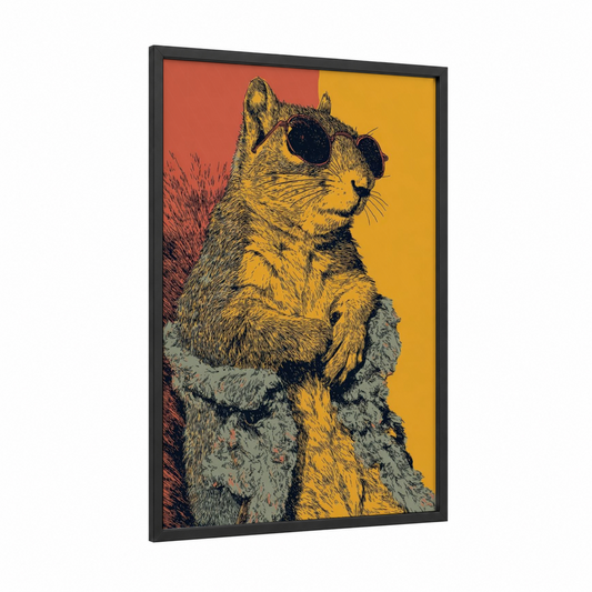 Sunlit Squirrel framed art print — black wood frame — gold and orange palette