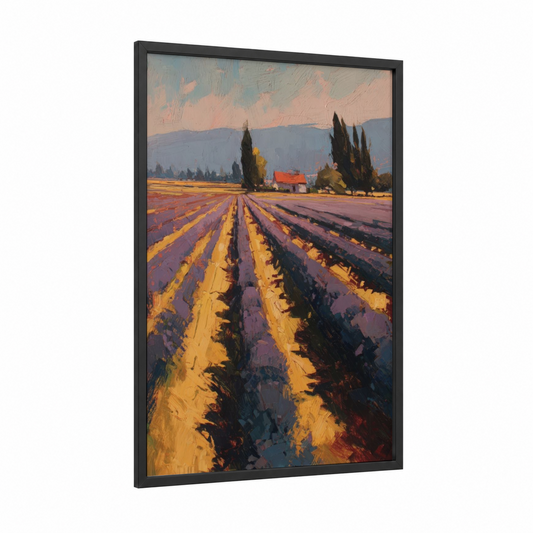 Tuscan Lavender Fields framed art print — black wood frame — gold and purple palette