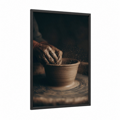 Artisan Clay Hands framed pottery print — black wood frame — brown and gold palette