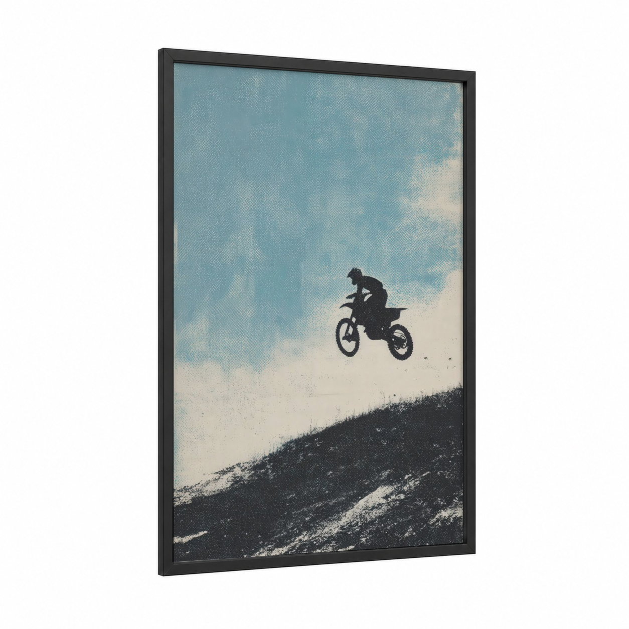 Airborne Motocross framed art print — black wood frame — blue and black and white palette