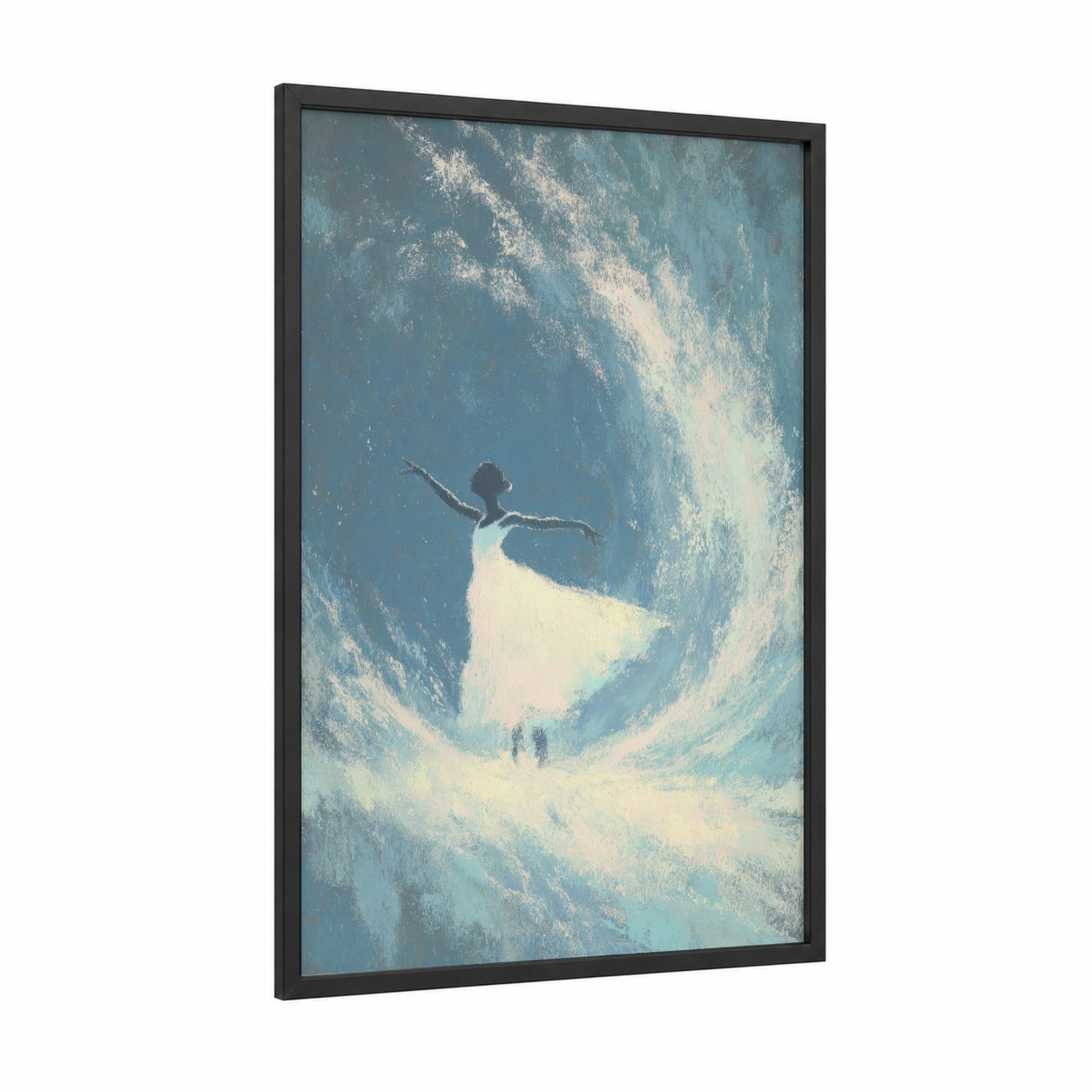 Ethereal Ice Dancer framed ice skating print — black wood frame — blue and white and cream palette