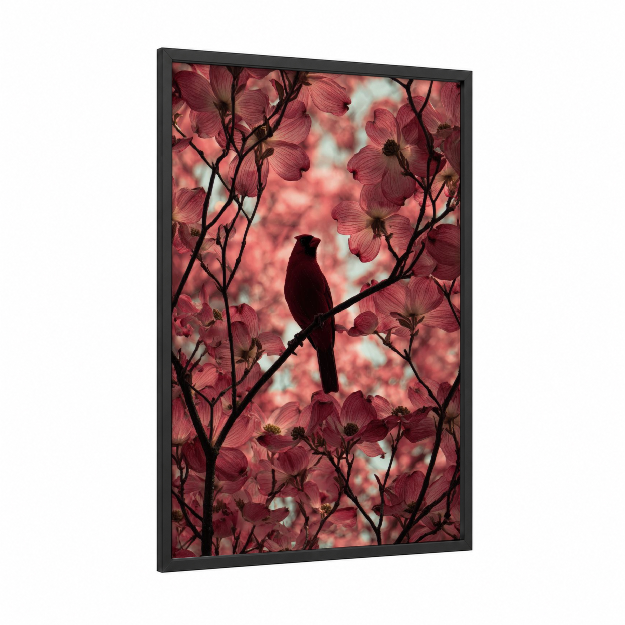 Crimson Cardinal framed cherry blossoms print — black wood frame — pink and maroon palette