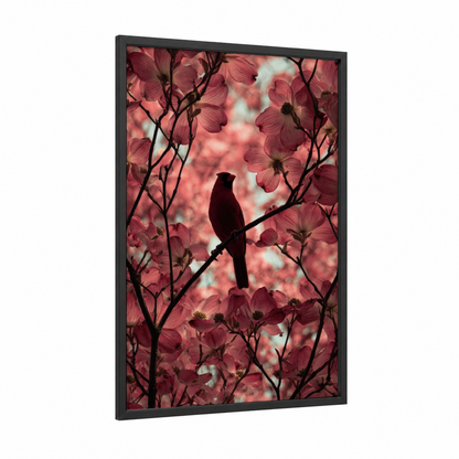 Crimson Cardinal framed cherry blossoms print — black wood frame — pink and maroon palette