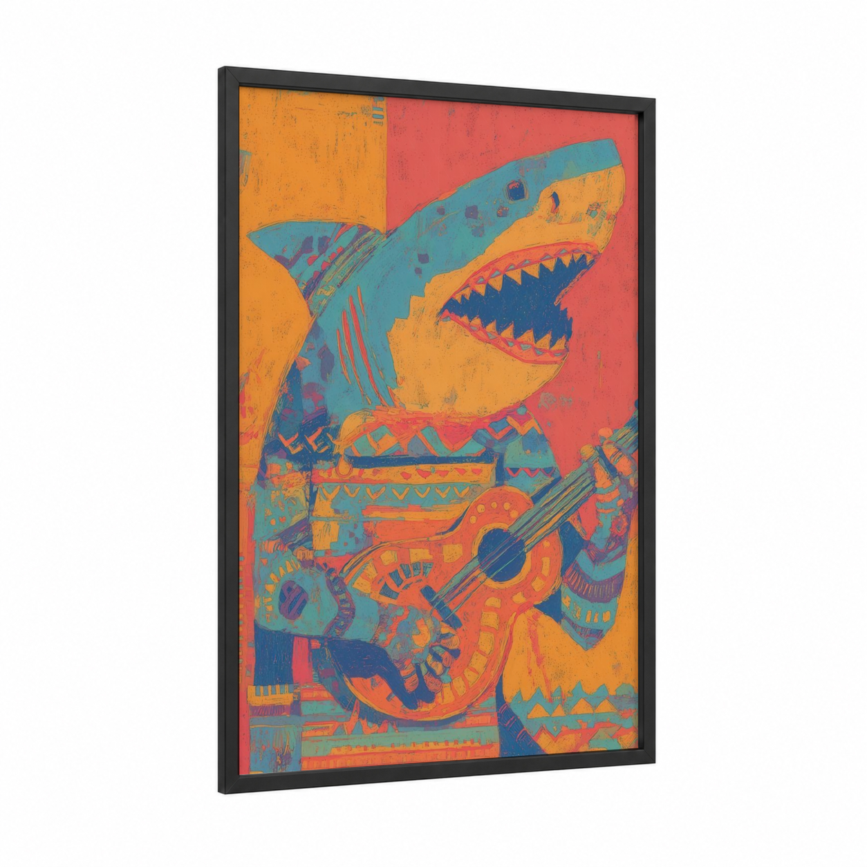 Musical Shark framed sand tiger shark print — black wood frame — orange and teal palette