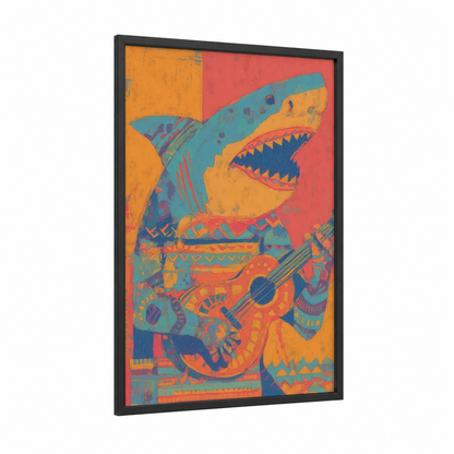 Musical Shark framed sand tiger shark print — black wood frame — orange and teal palette
