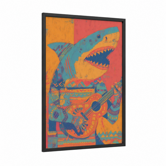 Musical Shark framed sand tiger shark print — black wood frame — orange and teal palette